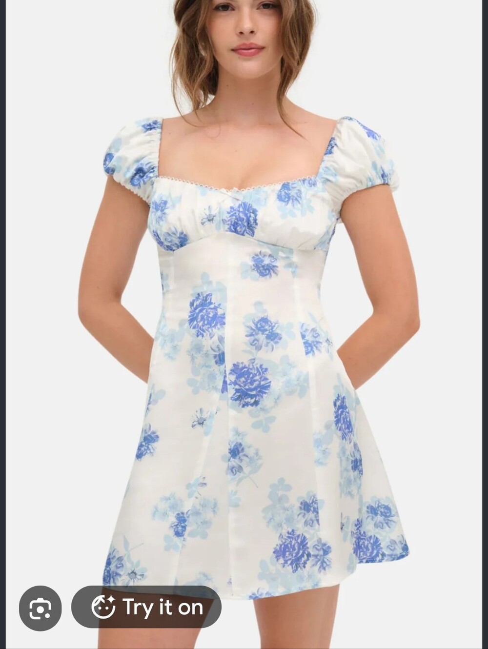 For Love & Lemons Antonia White Mini Dress with Blue Floral Print